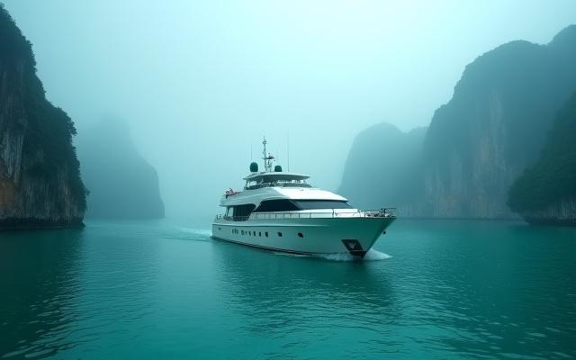 Limestone karsts rising from calm waters in Southeast Asia